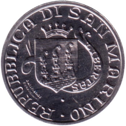 Монета 1 лира. 1989 год, Сан-Марино. Шестнадцать веков истории. Монета 1 лира. 1989 год, Сан-Марино. Шестнадцать веков истории.