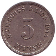 Монета 5 пфеннигов. 1914 год (A), Германская империя. Монета 5 пфеннигов. 1914 год (A), Германская империя.