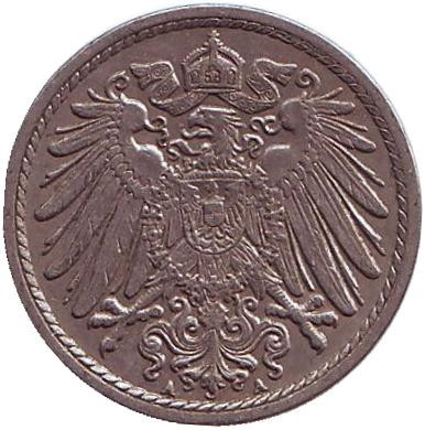 Монета 5 пфеннигов. 1914 год (A), Германская империя. Монета 5 пфеннигов. 1914 год (A), Германская империя.