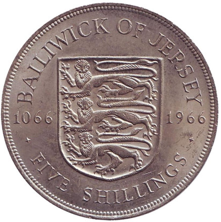 Монета 5 шиллингов. 1966 год, Джерси. 900 лет битве при Гастингсе.