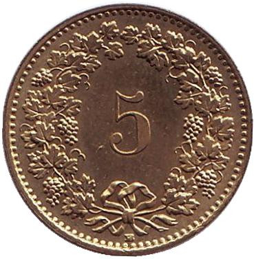 Монета 5 раппенов. 1991 год, Швейцария.