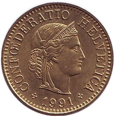 Монета 5 раппенов. 1991 год, Швейцария. Монета 5 раппенов. 1991 год, Швейцария.