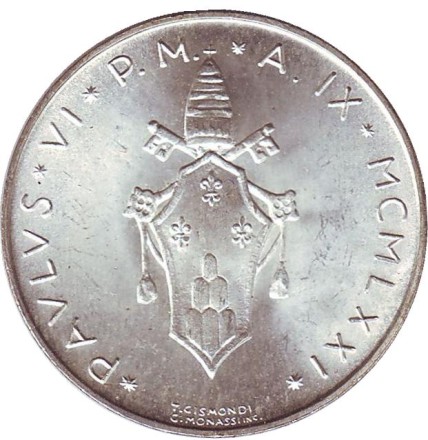 Монета 500 лир. 1971 год, Ватикан. Пшеница и виноград. Монета 500 лир. 1971 год, Ватикан. Пшеница и виноград.