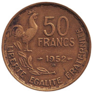 Монета 50 франков. 1952 (В) год, Франция. Монета 50 франков. 1952 (В) год, Франция.