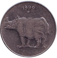 Монета 25 пайсов. 1999 год, Индия. Носорог. ("*" - Хайдарабад). Монета 25 пайсов. 1999 год, Индия. Носорог. ("*" - Хайдарабад).