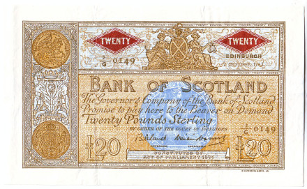 Банкнота 20 фунтов. 1963 год, Шотландия. Состояние - F.