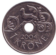 Монета 1 крона. 2004 год, Норвегия. Птица на виноградной лозе. Монета 1 крона. 2004 год, Норвегия. Птица на виноградной лозе.