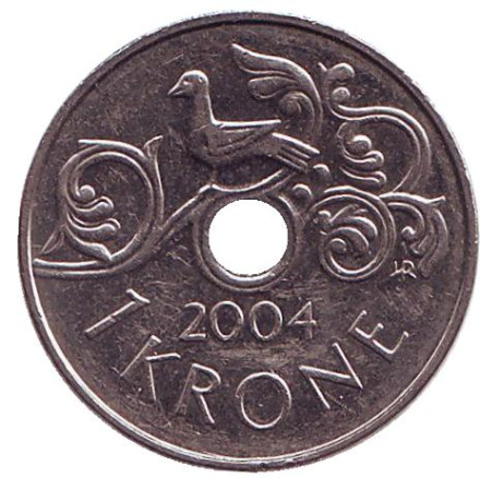 Монета 1 крона. 2004 год, Норвегия. Птица на виноградной лозе.