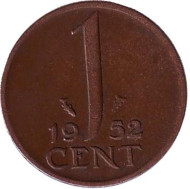 Монета 1 цент. 1952 год, Нидерланды. Монета 1 цент. 1952 год, Нидерланды.