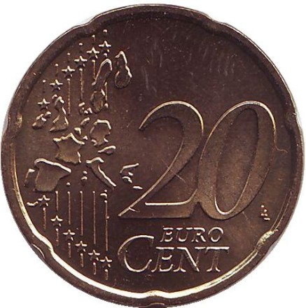 Монета 20 центов. 2002 год (F), Германия.