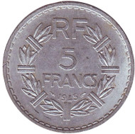 Монета 5 франков. 1945 год, Франция. Монета 5 франков. 1945 год, Франция.