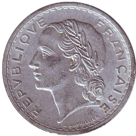 Монета 5 франков. 1945 год, Франция.