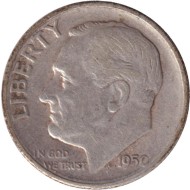 Монета 10 центов. 1950 год, США. (Отметка монетного двора: "S") Рузвельт. Монета 10 центов. 1950 год, США. (Отметка монетного двора: "S") Рузвельт.