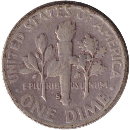 Монета 10 центов. 1950 год, США. (Отметка монетного двора: "S") Рузвельт. Монета 10 центов. 1950 год, США. (Отметка монетного двора: "S") Рузвельт.