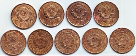 Набор монет СССР номиналом 5 копеек. (9 шт.), 1928-1949 гг. Набор монет СССР номиналом 5 копеек. (9 шт.), 1928-1949 гг.