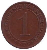 Монета 1 рейхспфенниг. 1925 год (A), Веймарская республика. Монета 1 рейхспфенниг. 1925 год (A), Веймарская республика.