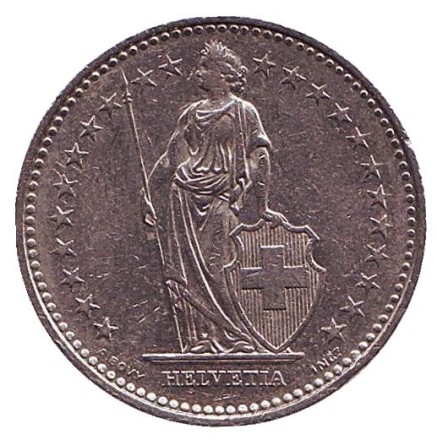 Монета 1 франк. 1996 год, Швейцария. Гельвеция. Монета 1 франк. 1996 год, Швейцария. Гельвеция.