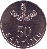 Монета 50 сантимов. 1992 год, Латвия. UNC. Саженец соснового дерева. Монета 50 сантимов. 1992 год, Латвия. UNC. Саженец соснового дерева.