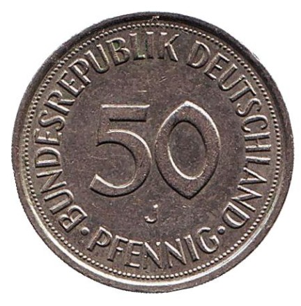 Монета 50 пфеннигов. 1984 год (J), ФРГ. Женщина, сажающая дуб.