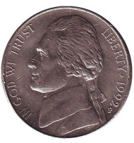 Монета 5 центов. 1992 год (P), США. Джефферсон. Монтичелло. Монета 5 центов. 1992 год (P), США. Джефферсон. Монтичелло.