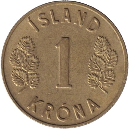 Монета 1 крона. 1973 год, Исландия. "3" с скругленным завитком.