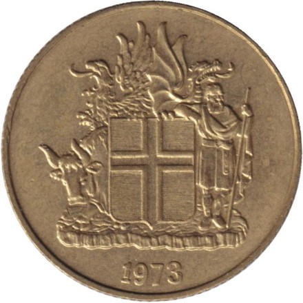 Монета 1 крона. 1973 год, Исландия. "3" с скругленным завитком.