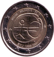 Монета 2 евро. 2009 год, Бельгия. 10 лет Экономическому и валютному союзу. Монета 2 евро. 2009 год, Бельгия. 10 лет Экономическому и валютному союзу.