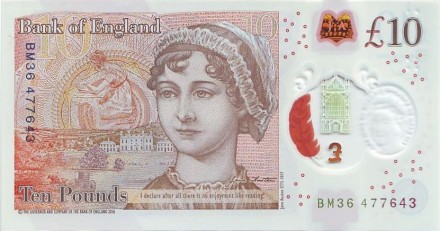Банкнота 10 фунтов. 2016 год, Великобритания. Джейн Остин. Банкнота 10 фунтов. 2016 год, Великобритания. Джейн Остин.