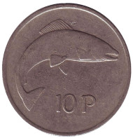 Монета 10 пенсов. 1975 год, Ирландия. Лосось. Монета 10 пенсов. 1975 год, Ирландия. Лосось.