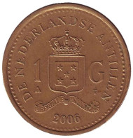 Монета 1 гульден. 2006 год, Нидерландские Антильские острова. Монета 1 гульден. 2006 год, Нидерландские Антильские острова.