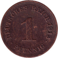Монета 1 пфенниг. 1913 год (F), Германская империя. Монета 1 пфенниг. 1913 год (F), Германская империя.