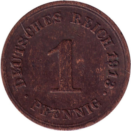 Монета 1 пфенниг. 1913 год (F), Германская империя.