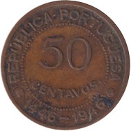 Монета 50 сентаво. 1946 год, Гвинея-Бисау. 500 лет открытию Гвинеи. (Монетное соотношение).