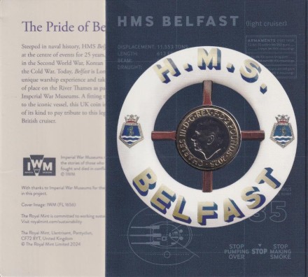 Монета 2 фунта. 2025 год, Великобритания. Военный корабль ее величества "Белфаст". В буклете.