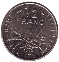Монета 1/2 франка. 1970 год, Франция. Монета 1/2 франка. 1970 год, Франция.