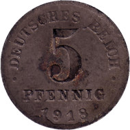 Монета 5 пфеннигов. 1918 год (D), Германская империя. Монета 5 пфеннигов. 1918 год (D), Германская империя.
