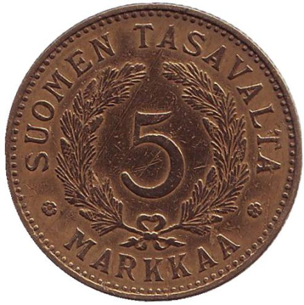 Монета 5 марок. 1929 год, Финляндия. Редкая.