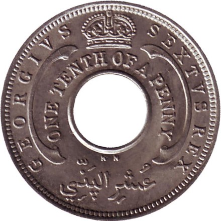Монета 1/10 пенни. 1950 год (KN), Британская Западная Африка. Монета 1/10 пенни. 1950 год (KN), Британская Западная Африка.