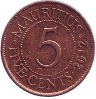 Монета 5 центов, 2012 год, Маврикий. Монета 5 центов, 2012 год, Маврикий.