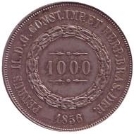 Монета 1000 рейсов. 1856 год, Бразилия. Монета 1000 рейсов. 1856 год, Бразилия.