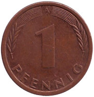 Монета 1 пфенниг. 1994 год (A), ФРГ. Дубовые листья. Монета 1 пфенниг. 1994 год (A), ФРГ. Дубовые листья.