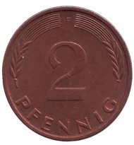 Монета 2 пфеннига. 1976 год (F), ФРГ. Дубовые листья. Монета 2 пфеннига. 1976 год (F), ФРГ. Дубовые листья.