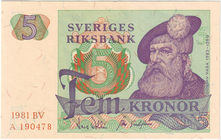 Банкнота 5 крон. 1981 год, Швеция.