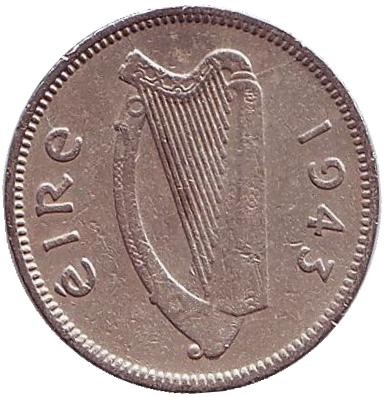 Монета 3 пенса. 1943 год, Ирландия. Заяц. Монета 3 пенса. 1943 год, Ирландия. Заяц.