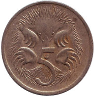 Монета 5 центов. 1974 год, Австралия. Ехидна. Монета 5 центов. 1974 год, Австралия. Ехидна.