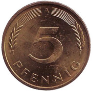 Монета 5 пфеннигов. 1996 год (A), ФРГ. Дубовые листья. Монета 5 пфеннигов. 1996 год (A), ФРГ. Дубовые листья.