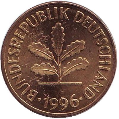 Монета 5 пфеннигов. 1996 год (A), ФРГ. Дубовые листья. Монета 5 пфеннигов. 1996 год (A), ФРГ. Дубовые листья.