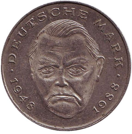 Монета 2 марки. 1992 год (G), ФРГ. Людвиг Эрхард.