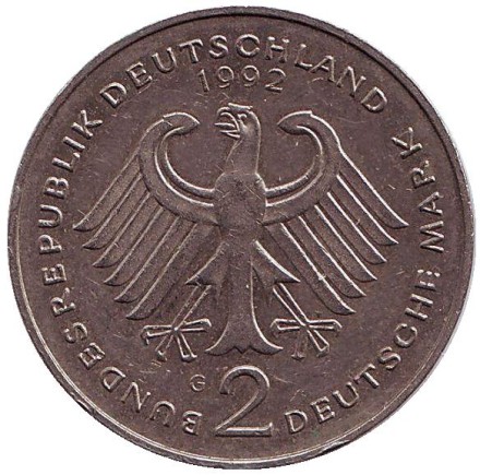 Монета 2 марки. 1992 год (G), ФРГ. Людвиг Эрхард. Монета 2 марки. 1992 год (G), ФРГ. Людвиг Эрхард.