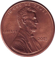 Монета 1 цент. 2003 год (P), США. Линкольн. Монета 1 цент. 2003 год (P), США. Линкольн.